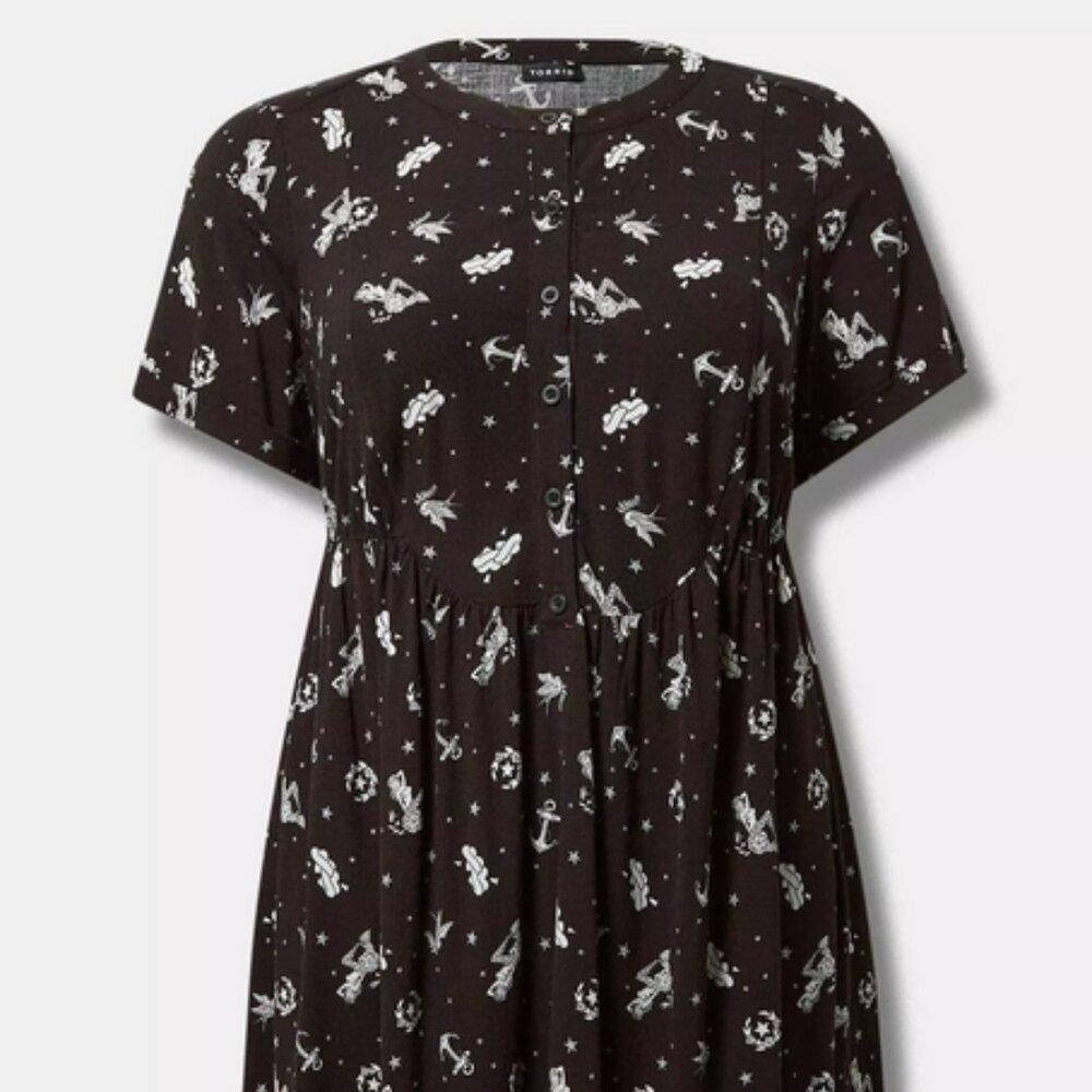 Torrid Mini Rayon Slub Button Front Fit N Flare Dress Sailor Tattoo deep black 1